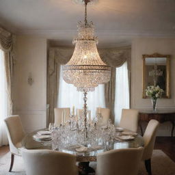 A high-resolution image of a classic crystal chandelier hanging in the middle of an elegant dining room, reflecting prismatic light