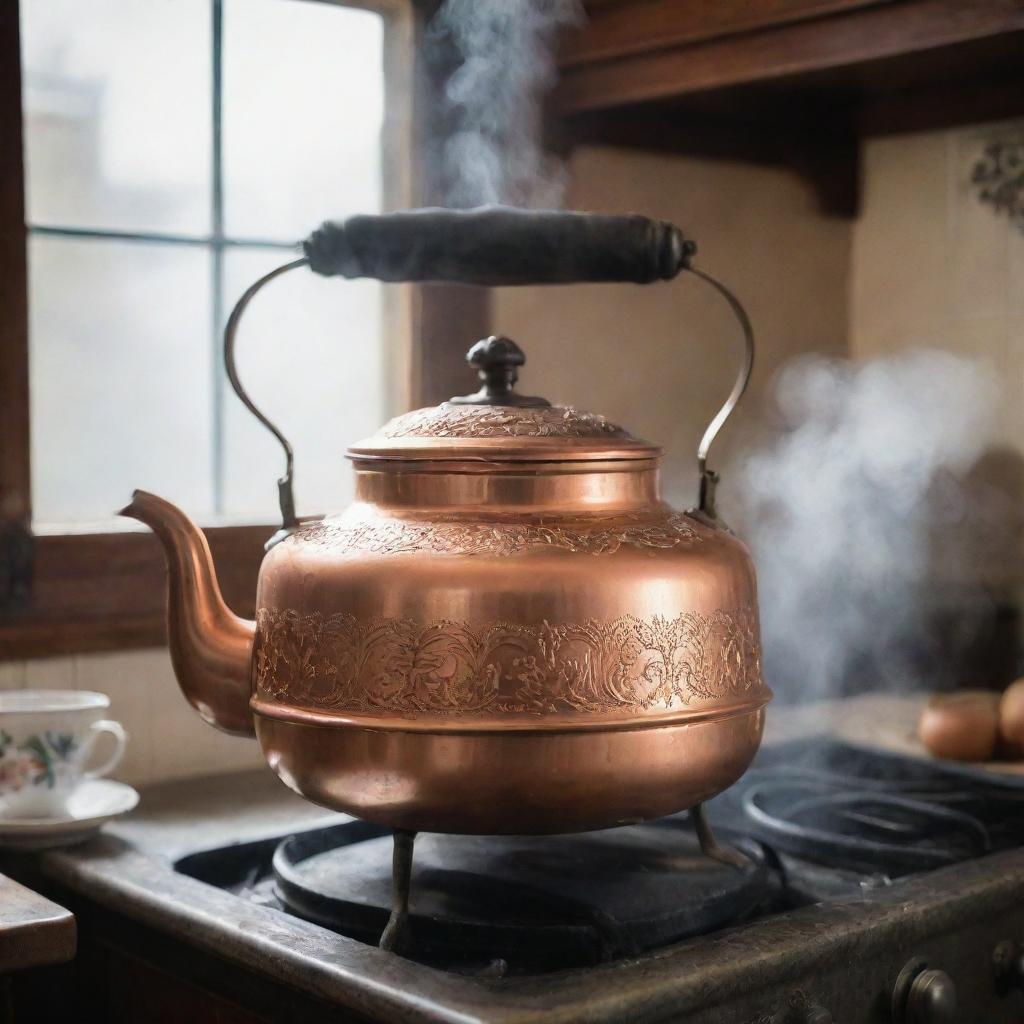 A vividly detailed image of a copper tea kettle with vintage designs, sitting on an old-fashioned stove, with steam softly coming out from its spout