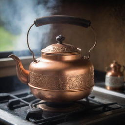 A vividly detailed image of a copper tea kettle with vintage designs, sitting on an old-fashioned stove, with steam softly coming out from its spout