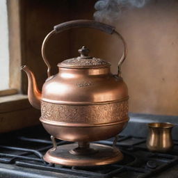 A vividly detailed image of a copper tea kettle with vintage designs, sitting on an old-fashioned stove, with steam softly coming out from its spout