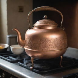 A vividly detailed image of a copper tea kettle with vintage designs, sitting on an old-fashioned stove, with steam softly coming out from its spout