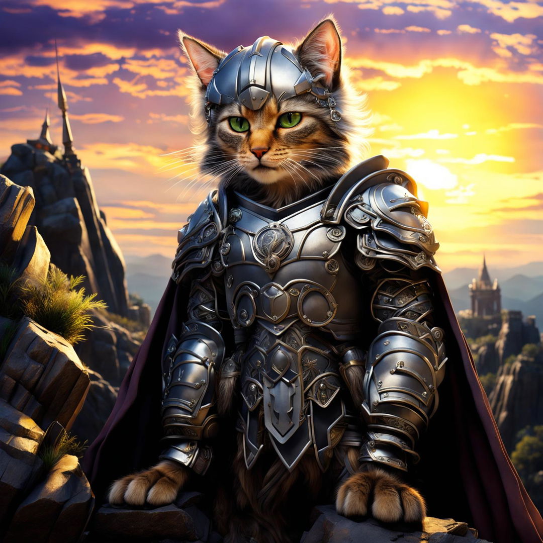 Hyper-realistic HD image of a warrior cat in medieval battle gear standing on a rocky outcrop at twilight