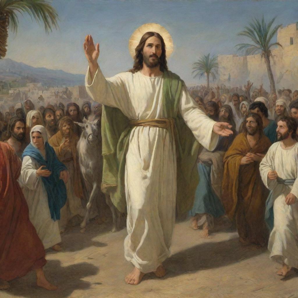 Classic art-style depiction of Christ in his triumphal entry into Jerusalem