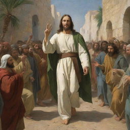 Classic art-style depiction of Christ in his triumphal entry into Jerusalem