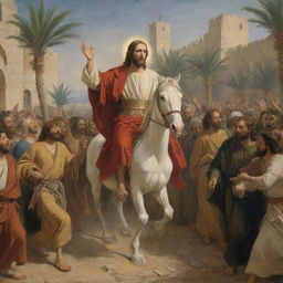 Classic art-style depiction of Christ in his triumphal entry into Jerusalem