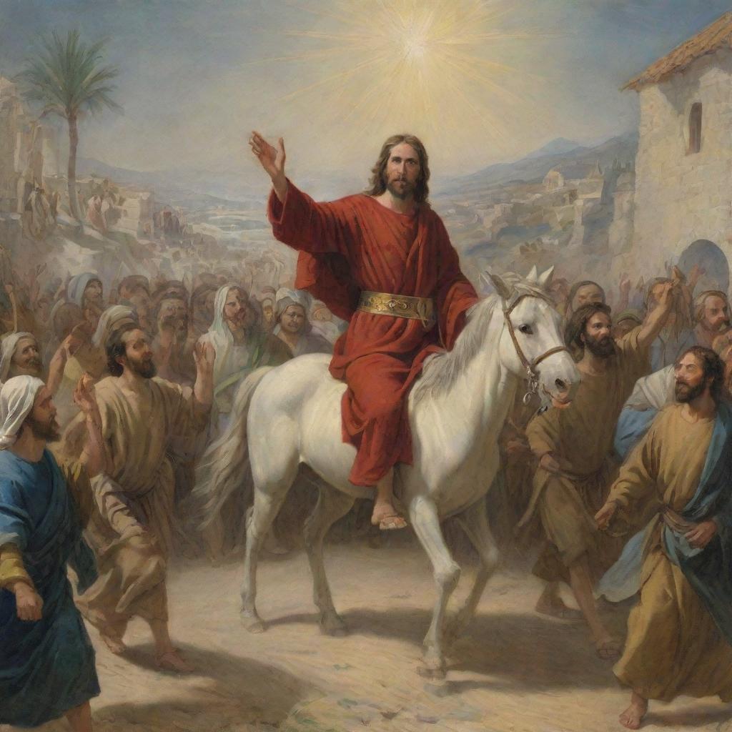 Classic art-style depiction of Christ in his triumphal entry into Jerusalem