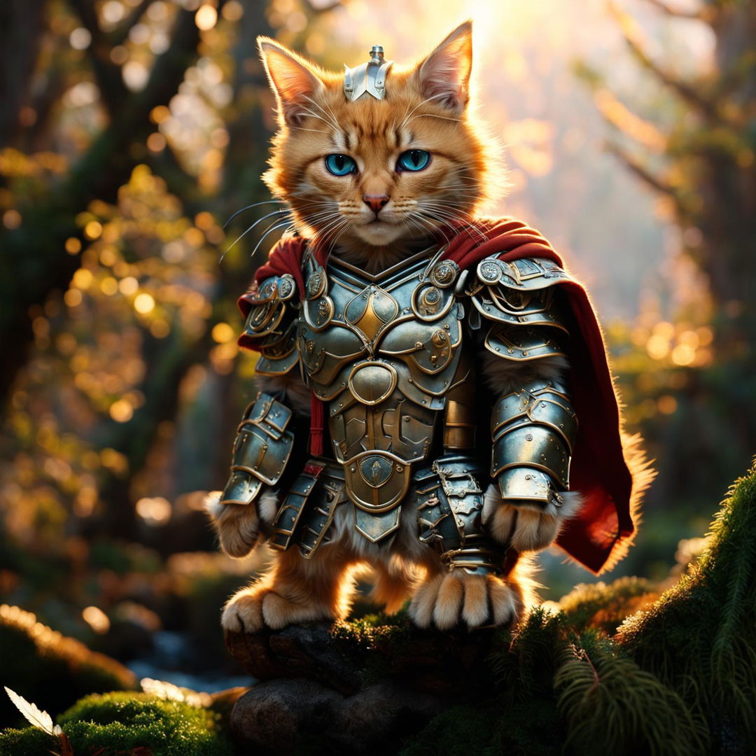 Hyper-realistic HD image of a warrior cat in ancient Roman armor, standing in a lush forest at dawn