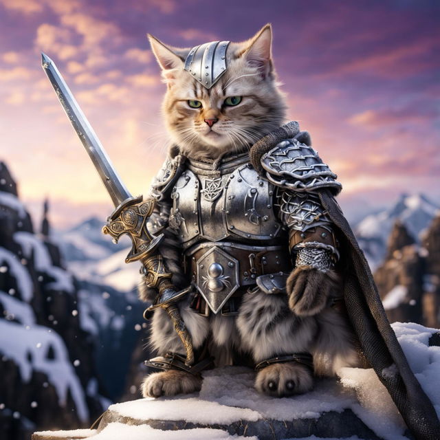 Hyper-realistic HD image of a warrior cat in Viking armor, wielding a sword and shield, standing on a snowy mountain peak