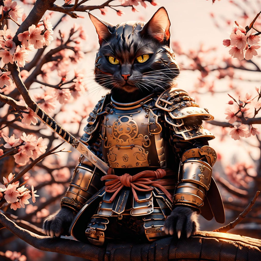 Hyper-realistic HD image of a warrior cat in Samurai armor, wielding a katana and shield, standing on a cherry blossom tree branch