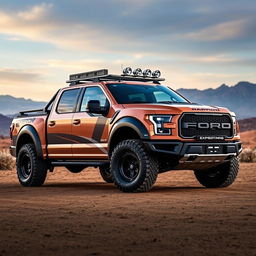 A Ford Raptor R featuring a customized body inspired by the Expedition Max, specifically designed for overlanding adventures