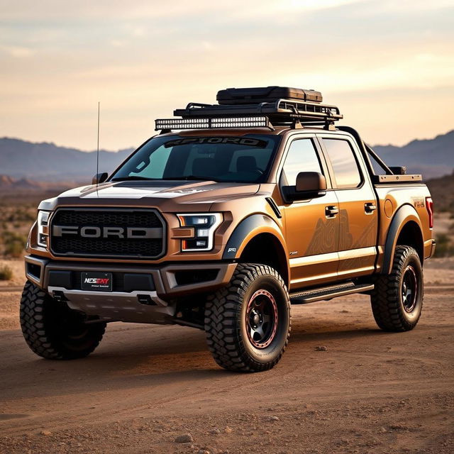 A Ford Raptor R featuring a customized body inspired by the Expedition Max, specifically designed for overlanding adventures