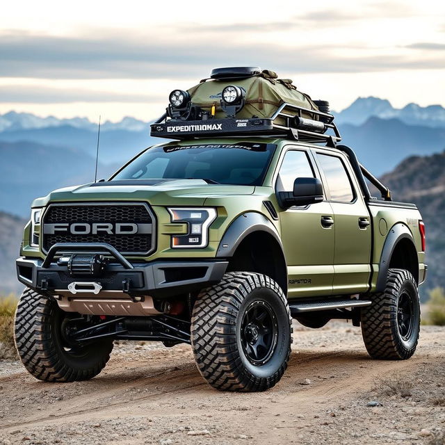 A Ford Raptor R with a customized body inspired by the Expedition Max, fully equipped for overlanding adventures