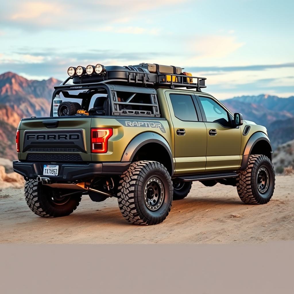 A Ford Raptor R with a customized body inspired by the Expedition Max, fully equipped for overlanding adventures