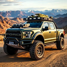 A Ford Raptor R with a customized body inspired by the Expedition Max, fully equipped for overlanding adventures