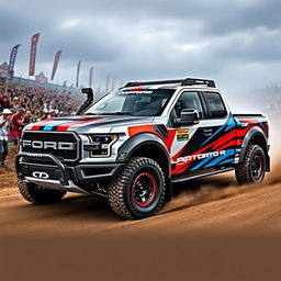A Ford Raptor R featuring a modified body inspired by the Expedition Max, designed specifically for rally racing