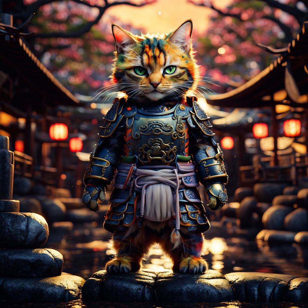 Hyper-realistic HD image of a warrior cat in Samurai armor, standing on a stone lantern in a traditional Japanese garden at dusk