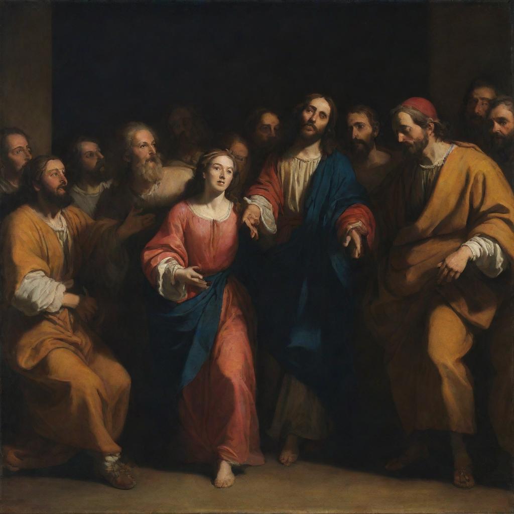 Baroque-style chiaroscuro depiction of Christ forgiving the adulterous woman with a crowd of Pharisees in the background