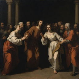 Baroque-style chiaroscuro depiction of Christ forgiving the adulterous woman with a crowd of Pharisees in the background