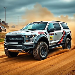 A Ford Raptor R with a customized body resembling the Expedition Max, specifically tailored for rally racing