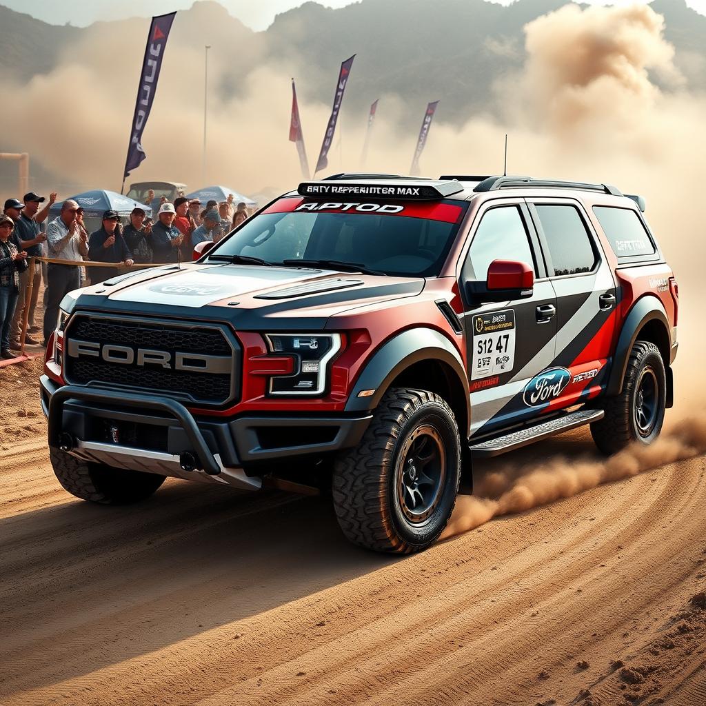 A Ford Raptor R with a customized body resembling the Expedition Max, specifically tailored for rally racing