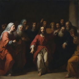 Baroque-style chiaroscuro depiction of Christ forgiving the adulterous woman with a crowd of Pharisees in the background