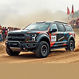 A Ford Raptor R with a customized body resembling the Expedition Max, specifically tailored for rally racing