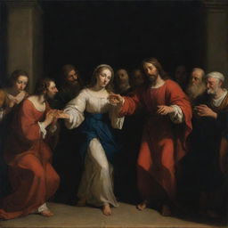 Baroque-style chiaroscuro depiction of Christ forgiving the adulterous woman with a crowd of Pharisees in the background