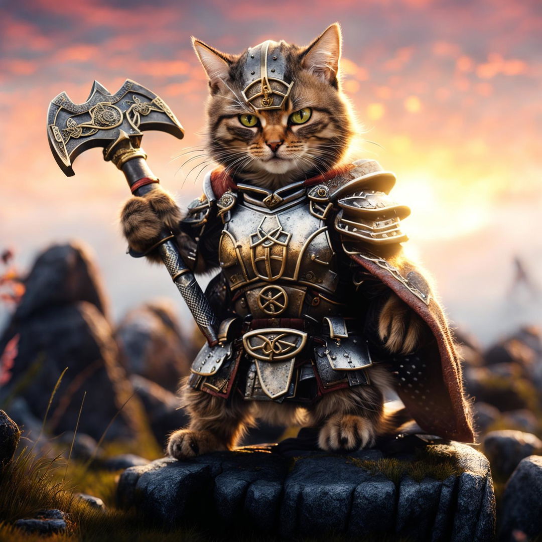 Hyper-realistic HD image of a warrior cat in Celtic armor, wielding a battle axe, standing on a stone circle in a misty moor at dawn