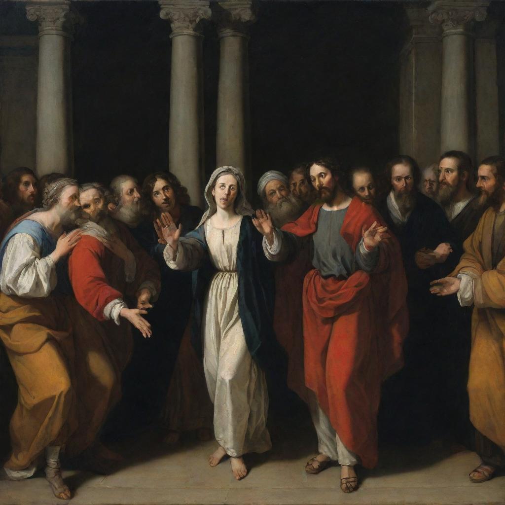 Dark and light contrast of Baroque-style painting showing Christ forgiving an adulterous woman in front of a crowd of Pharisees