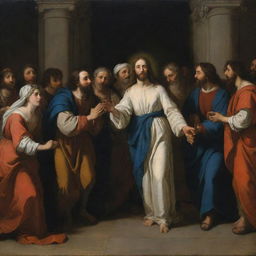 Dark and light contrast of Baroque-style painting showing Christ forgiving an adulterous woman in front of a crowd of Pharisees