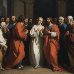 Dark and light contrast of Baroque-style painting showing Christ forgiving an adulterous woman in front of a crowd of Pharisees