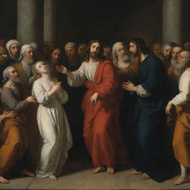 Dark and light contrast of Baroque-style painting showing Christ forgiving an adulterous woman in front of a crowd of Pharisees