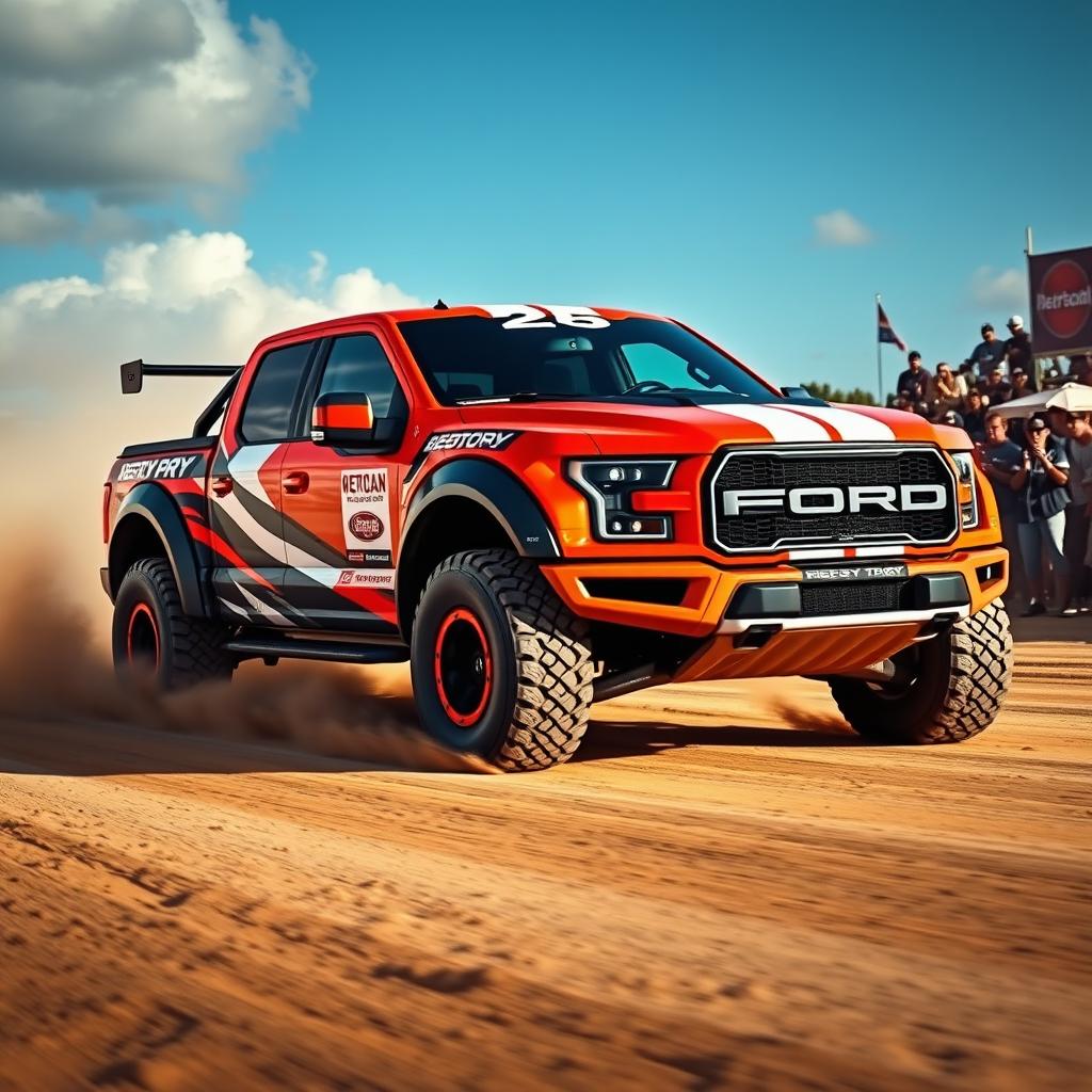 A Ford Shelby Raptor featuring a modified body inspired by the Expedition Max, designed for high-performance rally racing