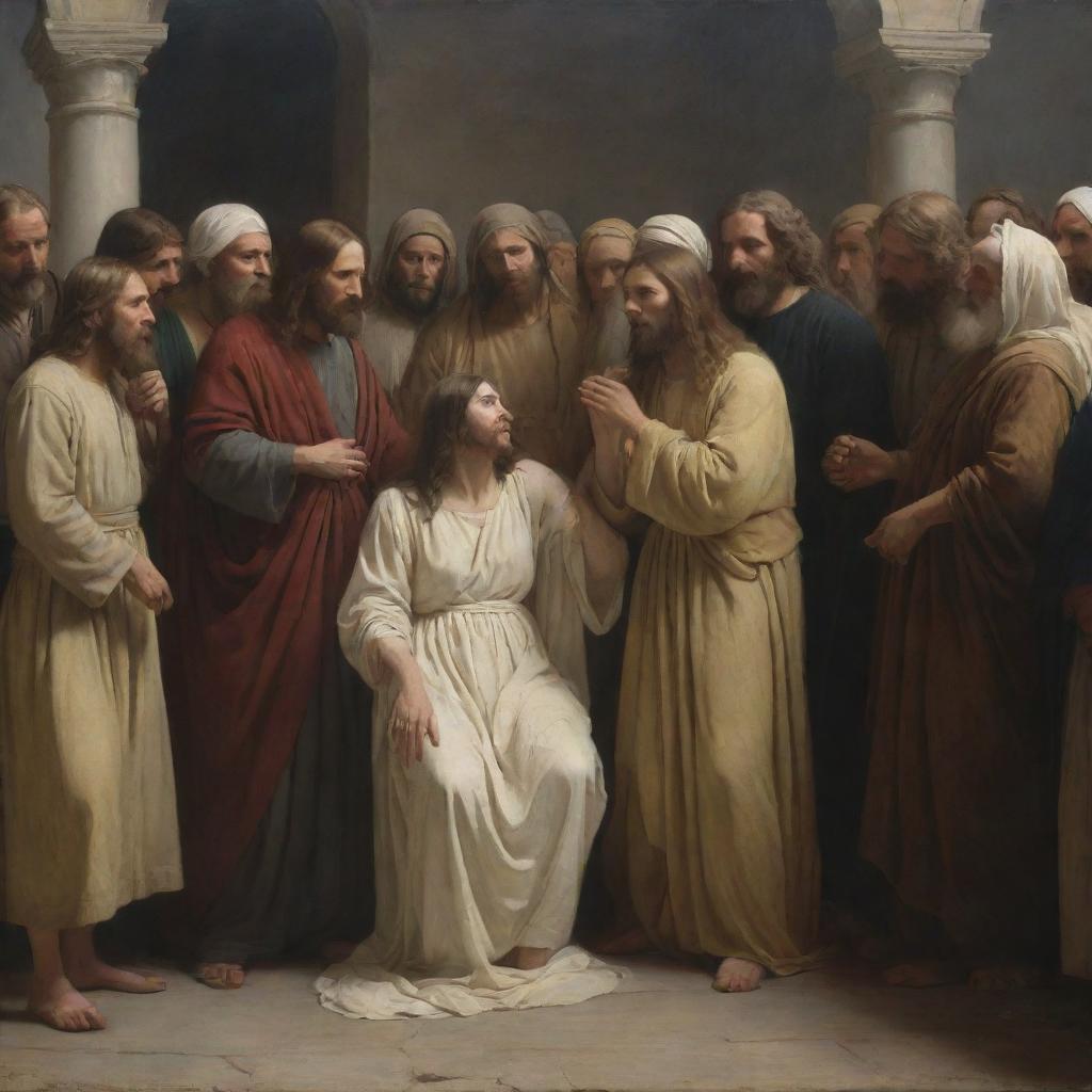 Artwork in the style of Carl Bloch, portraying Christ forgiving the adulterous woman, with a crowd of Pharisees, using chiaroscuro tones