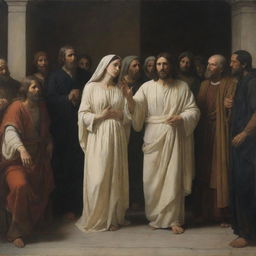 Artwork in the style of Carl Bloch, portraying Christ forgiving the adulterous woman, with a crowd of Pharisees, using chiaroscuro tones