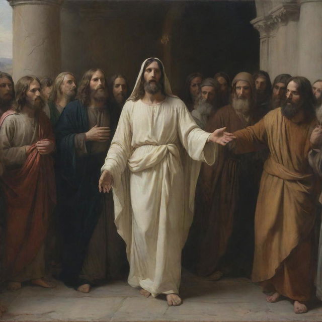 Artwork in the style of Carl Bloch, portraying Christ forgiving the adulterous woman, with a crowd of Pharisees, using chiaroscuro tones