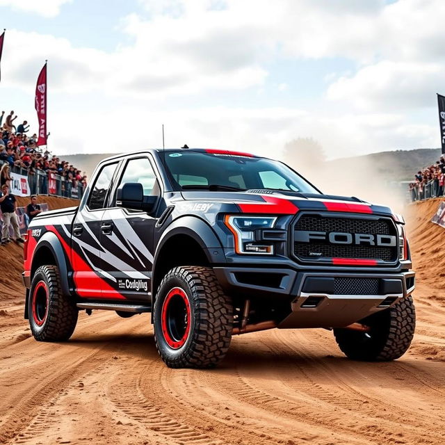 A Ford Shelby F-150 featuring a customized body inspired by the Expedition Max, specially built for rally racing