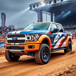 A Ford Shelby F-150 featuring a customized body inspired by the Expedition Max, specially built for rally racing