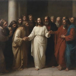 Artwork in the style of Carl Bloch, portraying Christ forgiving the adulterous woman, with a crowd of Pharisees, using chiaroscuro tones