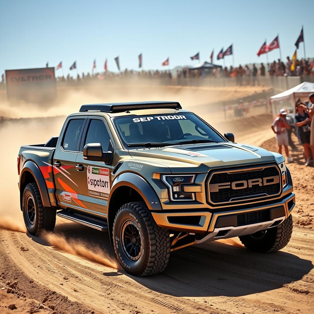 A Ford Raptor R featuring a customized body inspired by the Expedition Max, designed for rally racing