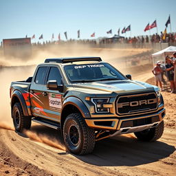 A Ford Raptor R featuring a customized body inspired by the Expedition Max, designed for rally racing