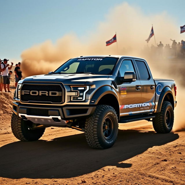 A Ford Raptor R featuring a customized body inspired by the Expedition Max, designed for rally racing