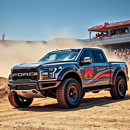 A Ford Raptor R featuring a customized body inspired by the Expedition Max, designed for rally racing