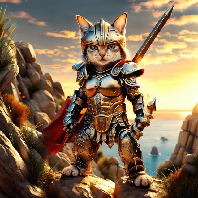 Hyper-realistic HD image of a warrior cat in Spartan armor, wielding a mace, standing on a cliff overlooking the sea at sunset