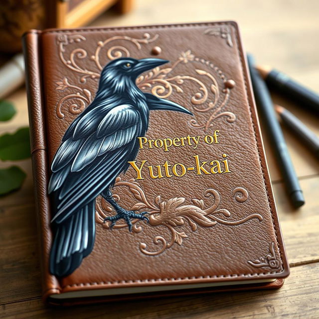 A beautifully illustrated sketchbook titled 'Property of Yuto-kai', featuring a majestic crow perched on the edge of the cover
