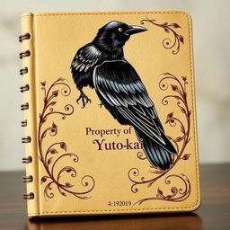 A beautifully illustrated sketchbook titled 'Property of Yuto-kai', featuring a majestic crow perched on the edge of the cover