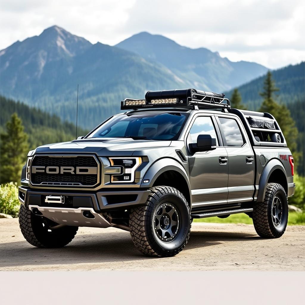 A Ford Raptor R featuring a customized body inspired by the Expedition Max, designed specifically for overlanding adventures