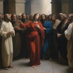 Carl Bloch style painting with chiaroscuro effects illustrating Christ forgiving an adulterous woman amidst a crowd of Pharisees