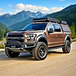 A Ford Raptor R featuring a customized body inspired by the Expedition Max, designed specifically for overlanding adventures
