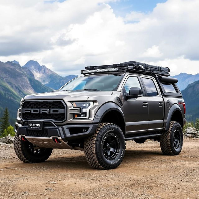 A Ford Raptor R featuring a customized body inspired by the Expedition Max, designed specifically for overlanding adventures